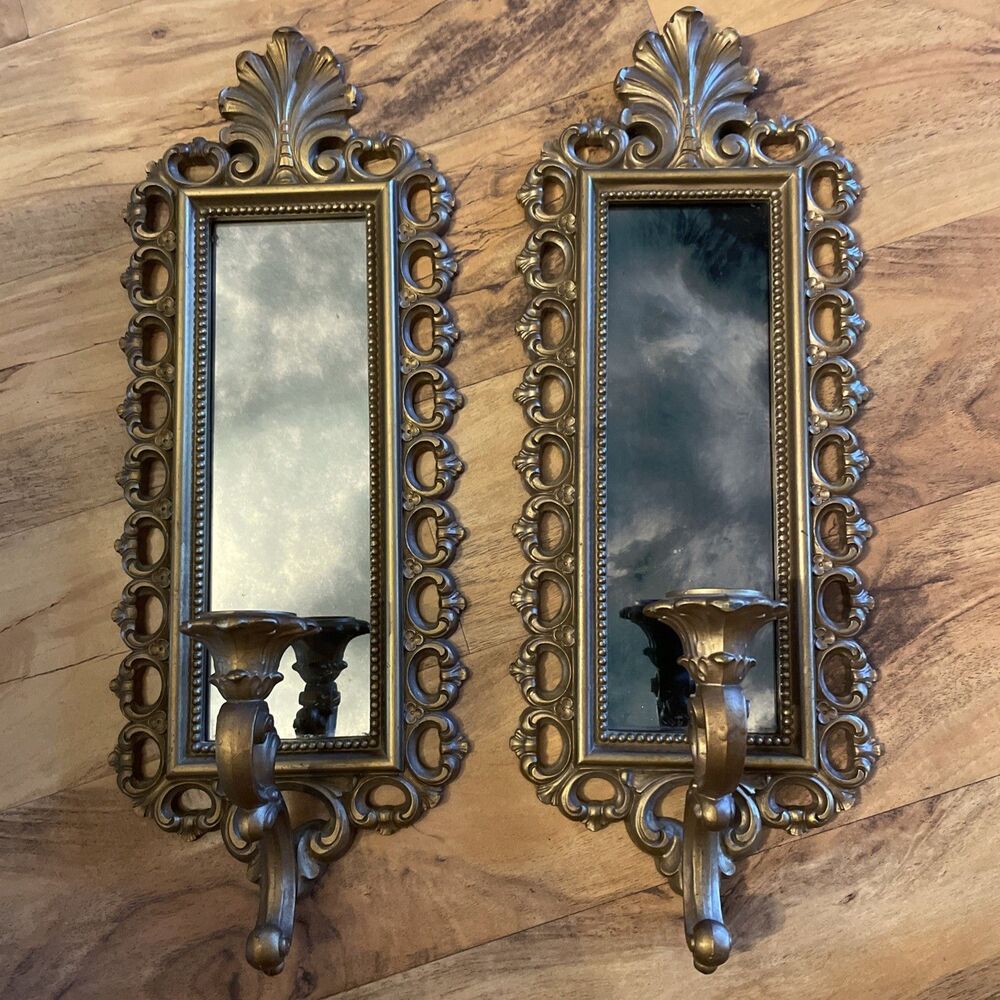 Pair Homco 2352 Gold Wall Candle Holders Smoked Mirror Hollywood Regency 1972